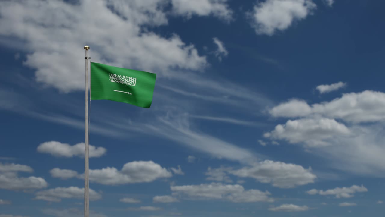 el reino de arabia saudita agita la bandera en el viento con el cielo azul.