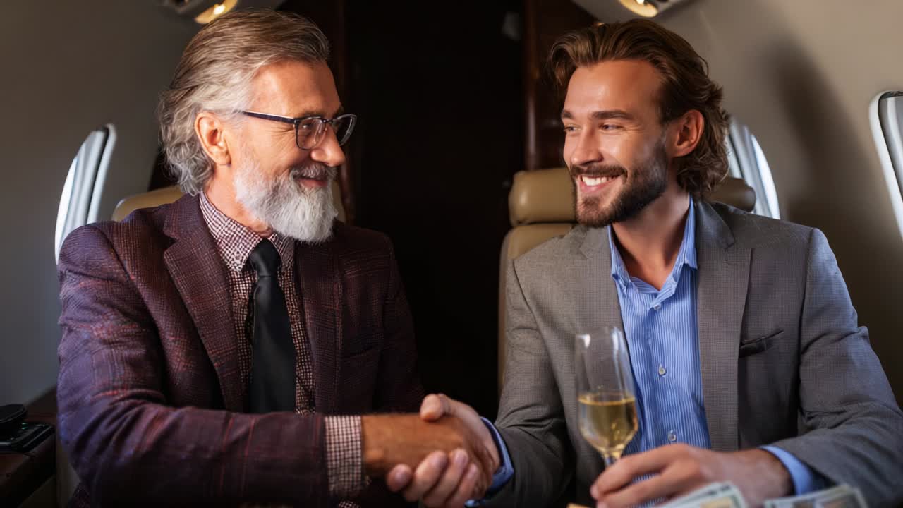 Negoziazione commerciale in un ambiente di lusso: due professionisti che raggiungono un accordo all'interno di un jet privato, con stretta di mano, sorrisi ed entusiasmo in un'atmosfera sofisticata di successo e prosperità