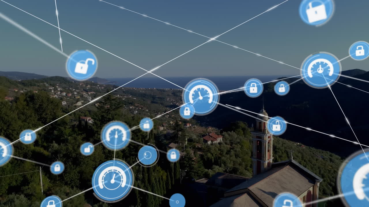 animación de la red de conexiones con iconos sobre el paisaje urbano