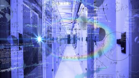 Animation-of-mathematical-equations-and-data-processing-over-rainbow-lens-flare-against-server-room