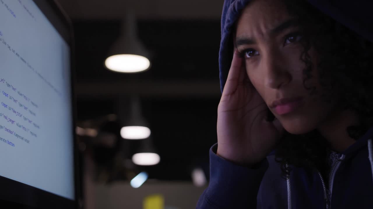 밤 에 현대적 인 사무실 에서 일 하는 사업가