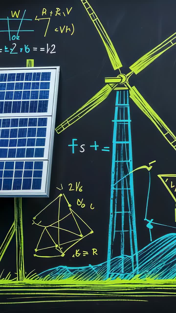 Vertical video: Starting rotating chalk wind turbine blades clockwise on chalkboard, solar panel
