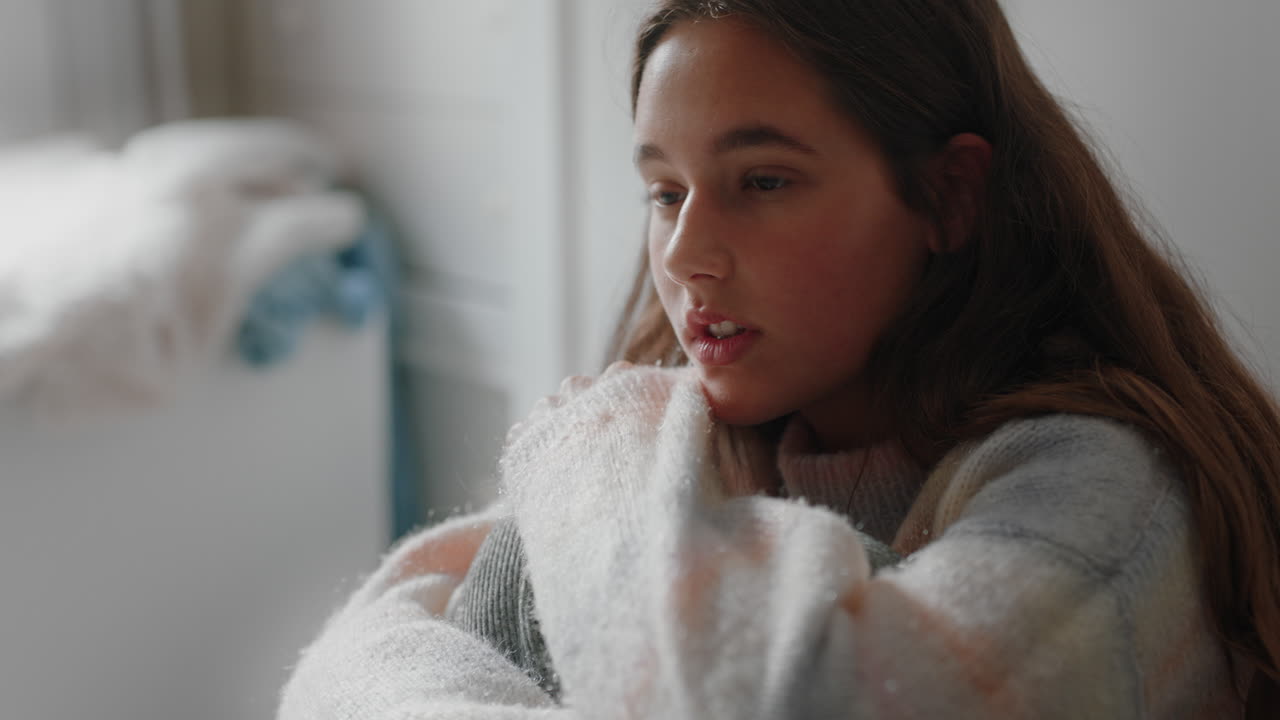 집에서 혼자 있는 슬픈 십대 소녀 우울한 기분의 십대 소녀는 침실에 앉아 감정적으로 헤어지는 것을 생각하고 있습니다.