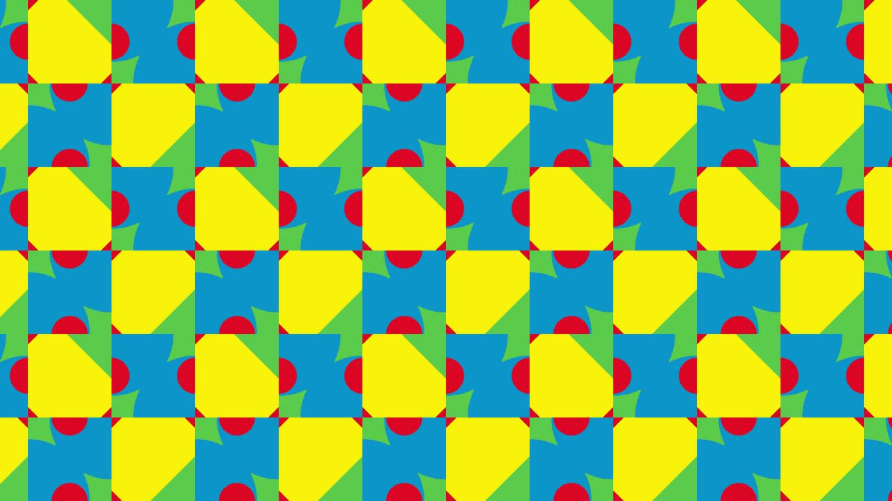 colores primarios audaces en patrones geométricos con azulejos animados. fondo gráfico de movimiento en un diseño plano. formas multicolores abstractas en mosaico dinámico mínimo