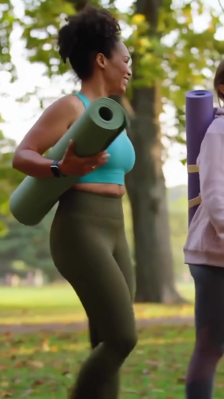 Duas mulheres caminhando e conversando em um parque depois da aula de yoga