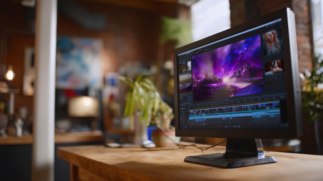 A Creative Workspace Showcasing a Computer Monitor with Video Editing Software in a Vibrant Studio Environment, Emphasizing Digital Art and Technology