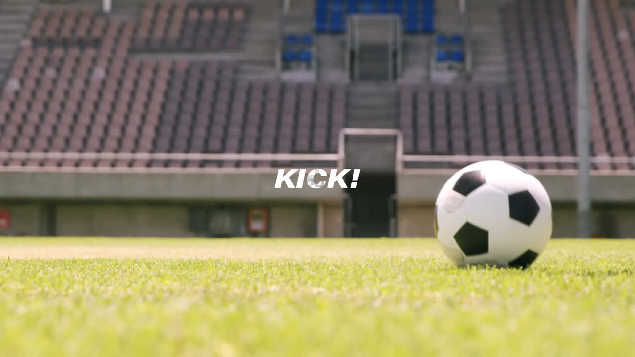 Animation of kick text over football player on the pitch