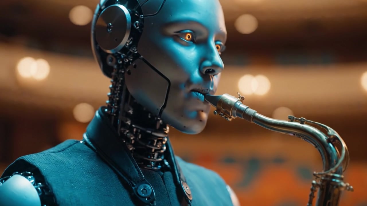 Futuristic Robot Saxophonist Playing Jazz in a Lively Venue, Showcasing Advanced Robotics and Musical Fusion in a Captivating Performance Setting