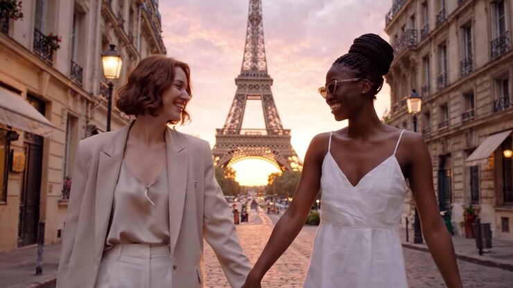 Two Friends Walk Hand in Hand at Sunset in Paris, with the Eiffel Tower Glowing in the Background, Capturing a Moment of Friendship and Adventure