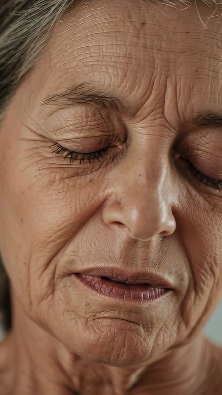 Video verticale: Donna anziana che espira, con sottili movimenti della bocca, poi si ferma in studio, con un neo.