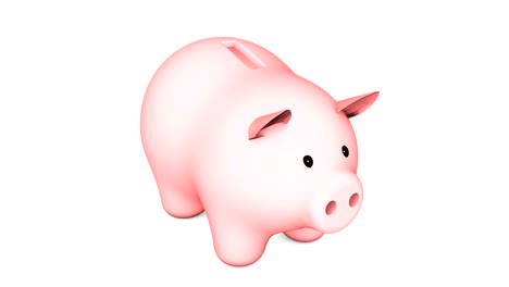 3d animation: pink piggy bank with golden (copper) coin on a white isolated background. tokens falling into in the money box. seamless loop