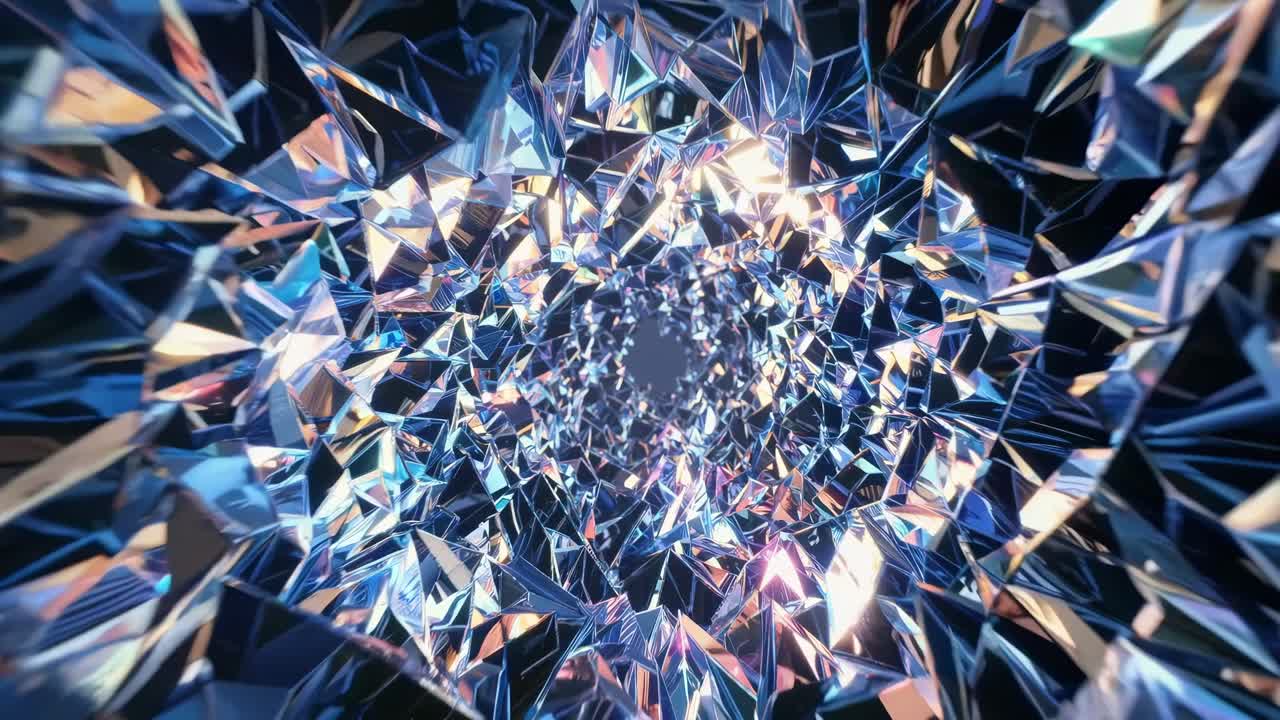 Abstract motion sequence through a shimmering crystalline tunnel, showcasing dynamic reflections and light interplay, creating a mesmerizing visual experience of depth and movement