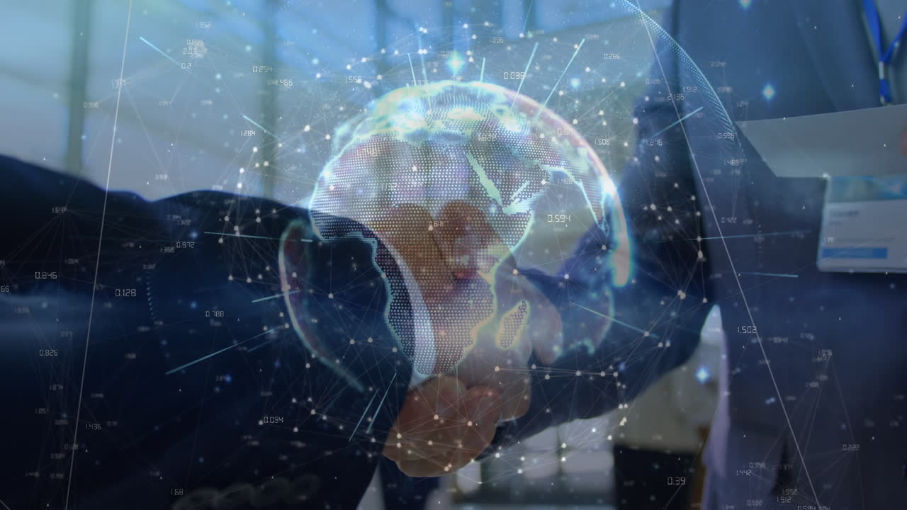 animación de conexiones y globo sobre las manos de los empresarios caucásicos que se dan la mano