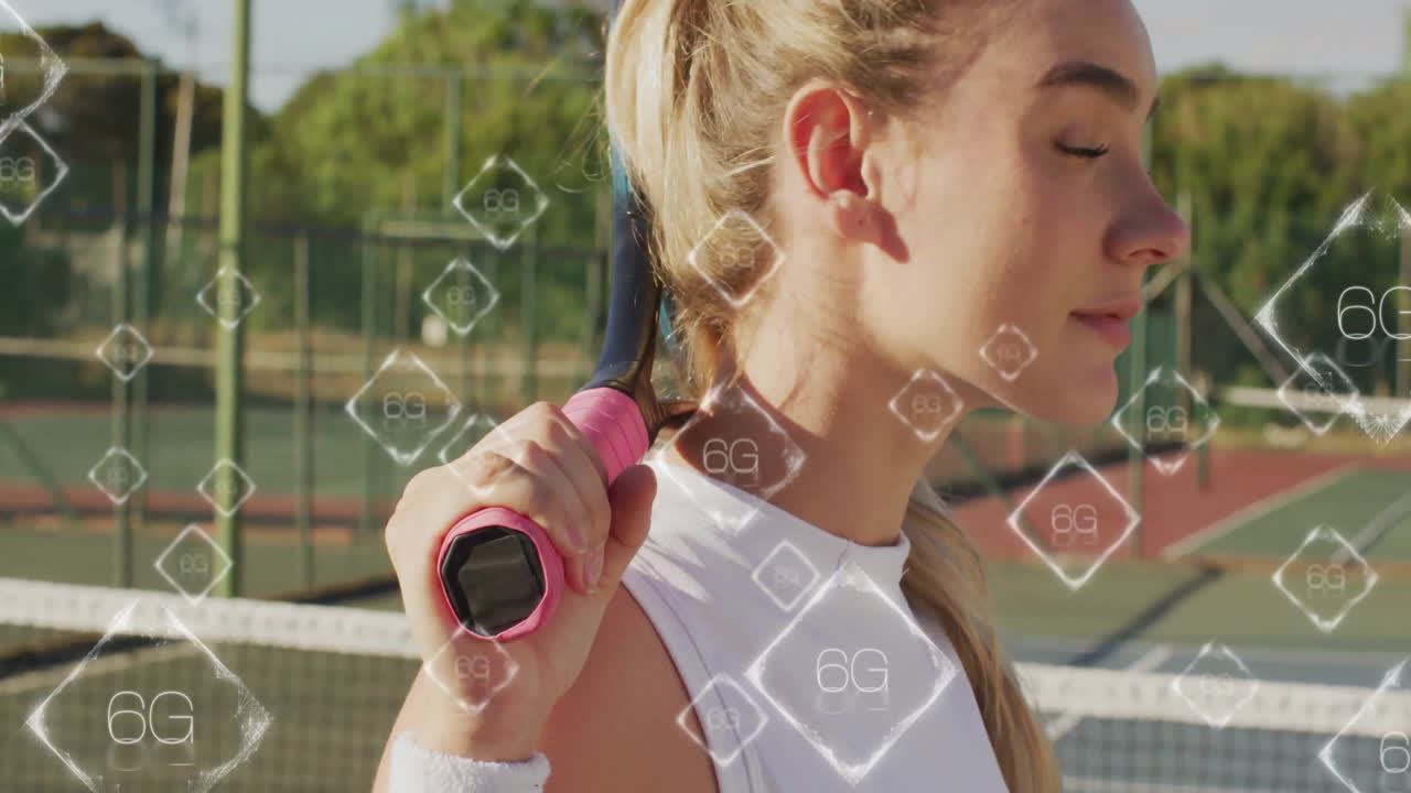 Female athlete holding racket over shoulder on tennis court, with digital technology icons floating