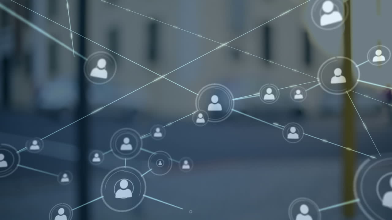 animación de la red de conexiones con iconos sobre el paisaje urbano