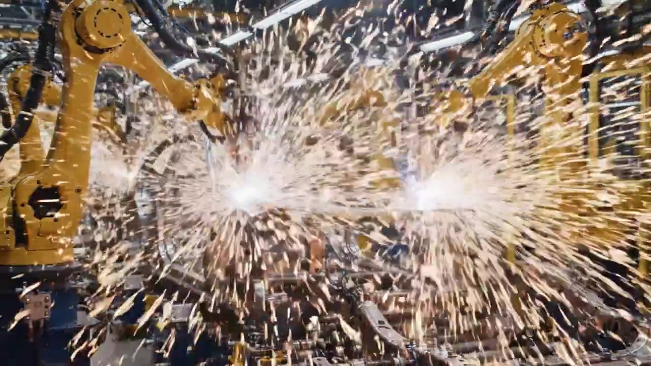 Automated Welding Process in Vehicle Manufacturing: Advanced Robotics Performing Precision Tasks in a High-Tech Industrial Environment