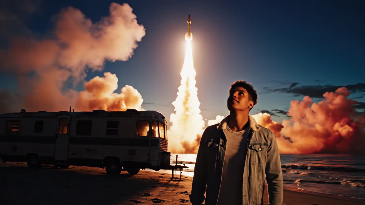 Man watches rocket launch from beach