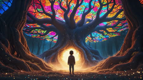 child gazing at a luminous stained glass tree in a magical forest