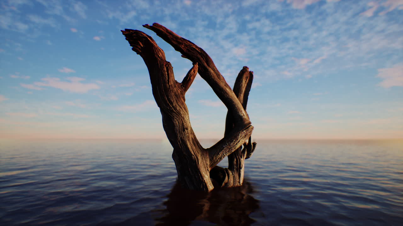 평온 한 바다 에서 떠다니는 나무