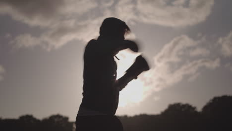 man boxing in the park whislt silouetted against the dying sun - ungraded