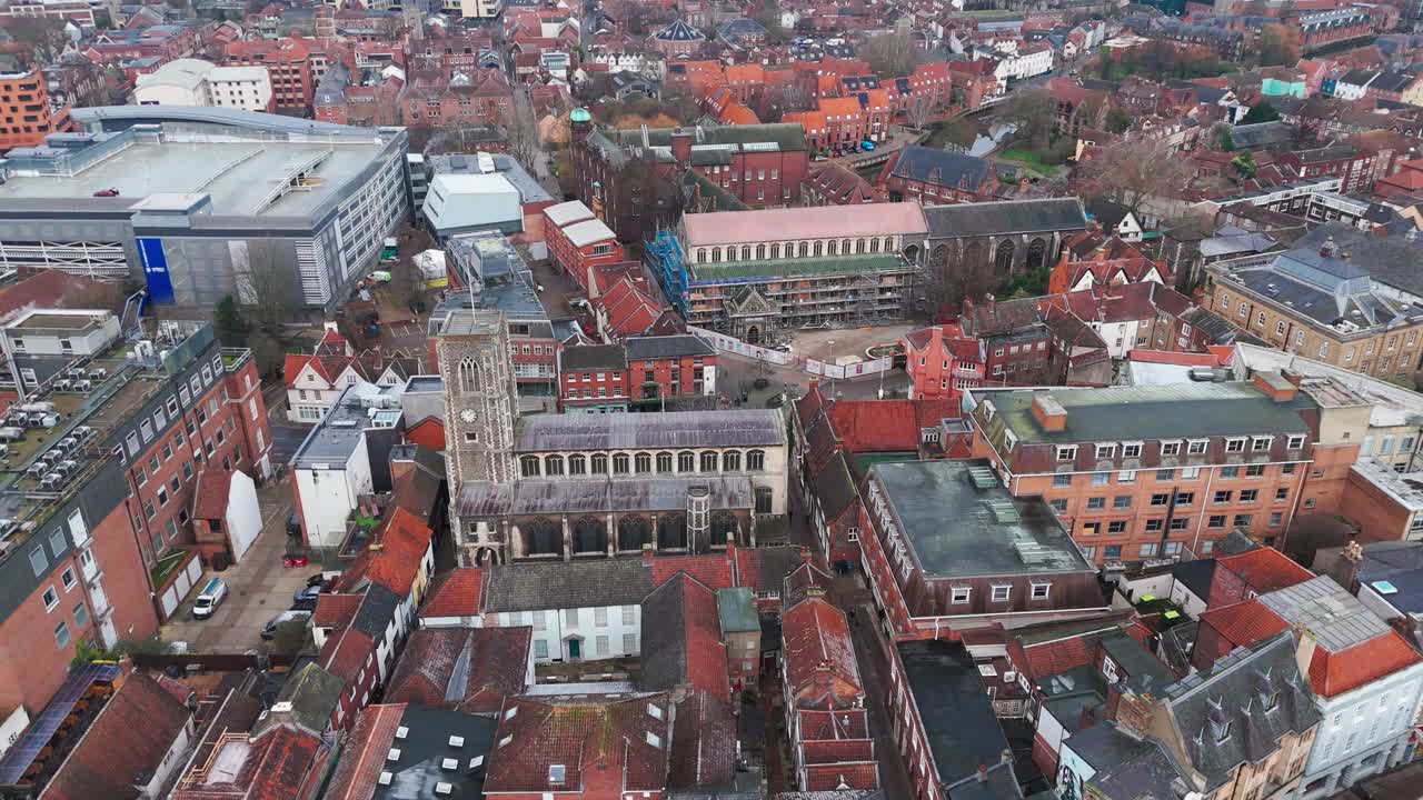 Norwich's historic buildings, church, shops, and streets in norfolk, aerial view