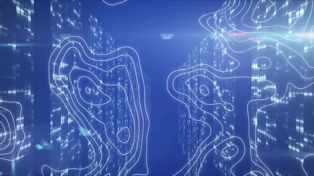 Animation of white map lines and data processing over tech room with computer servers