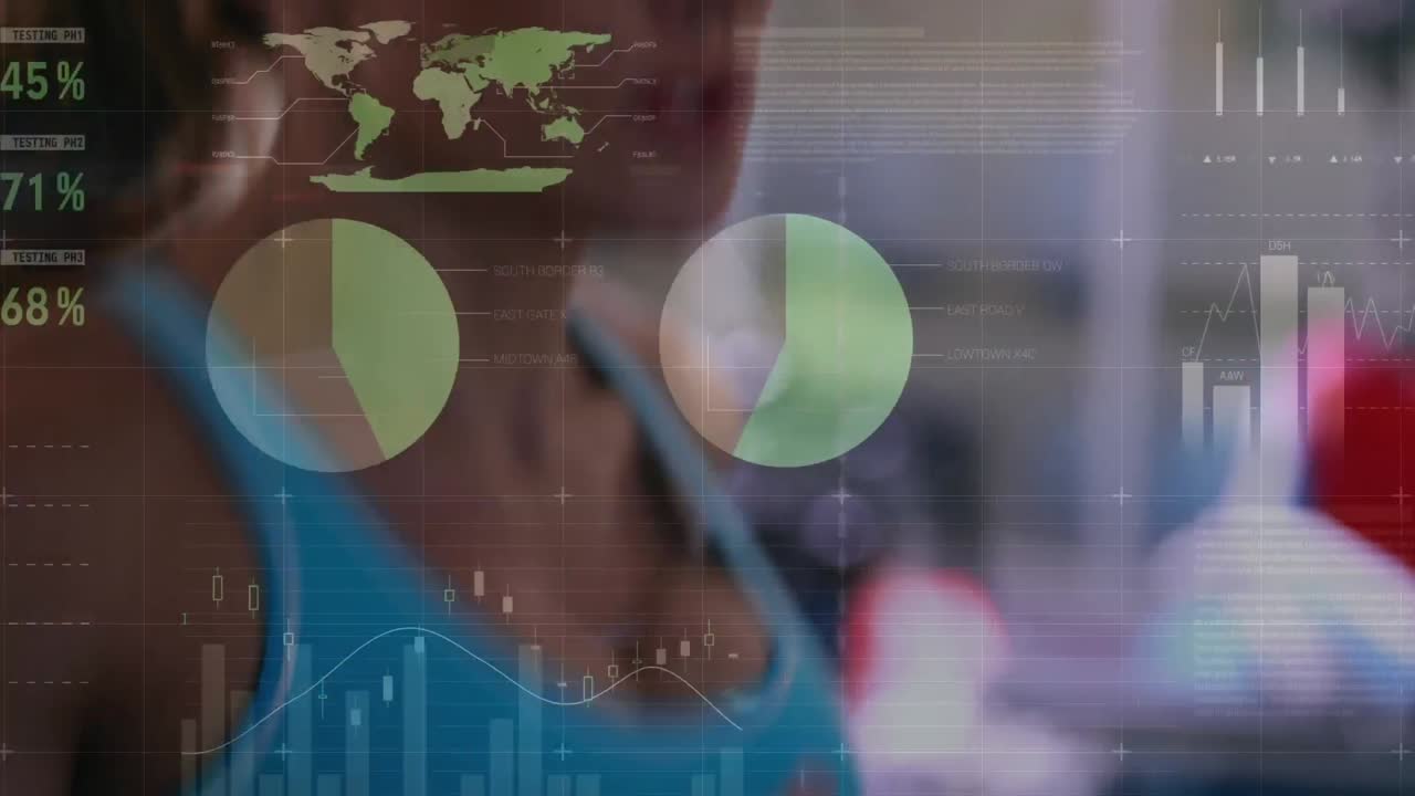 animación del procesamiento de datos sobre una mujer corriendo en una cinta de correr