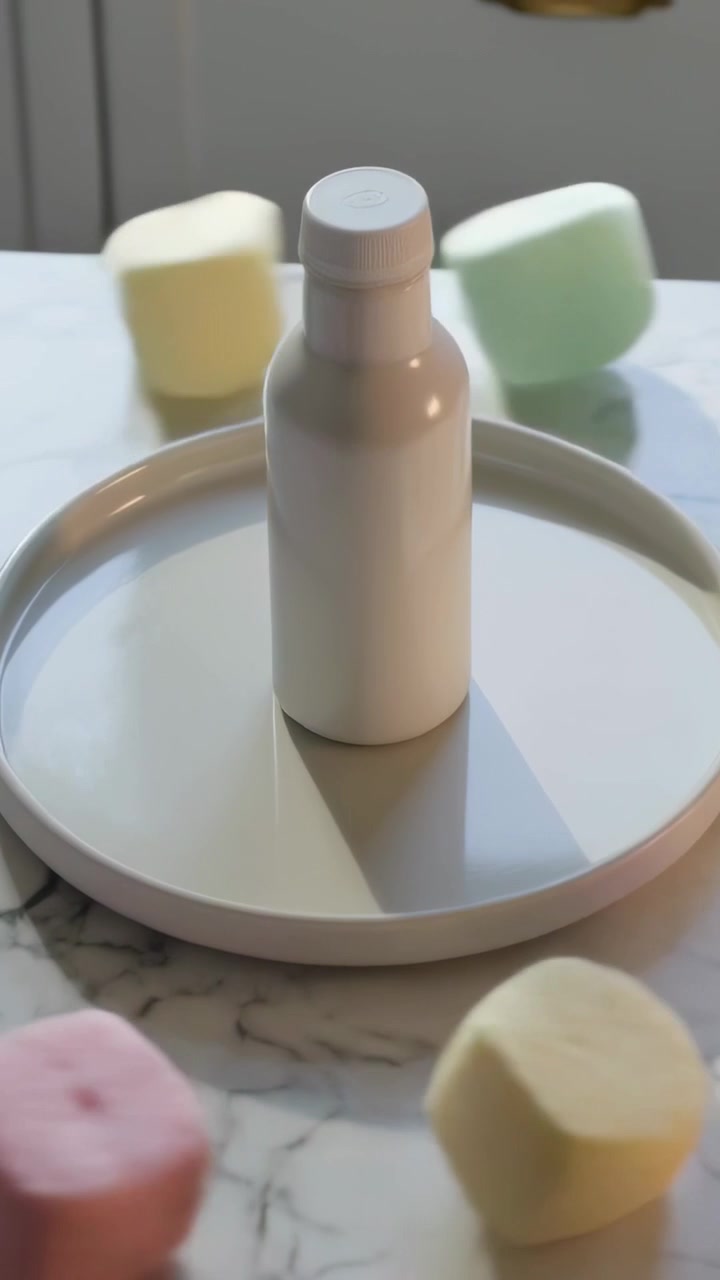 Vertical video: Entering offscreen pastel cubes orbiting white bottle on tray at kitchen counter