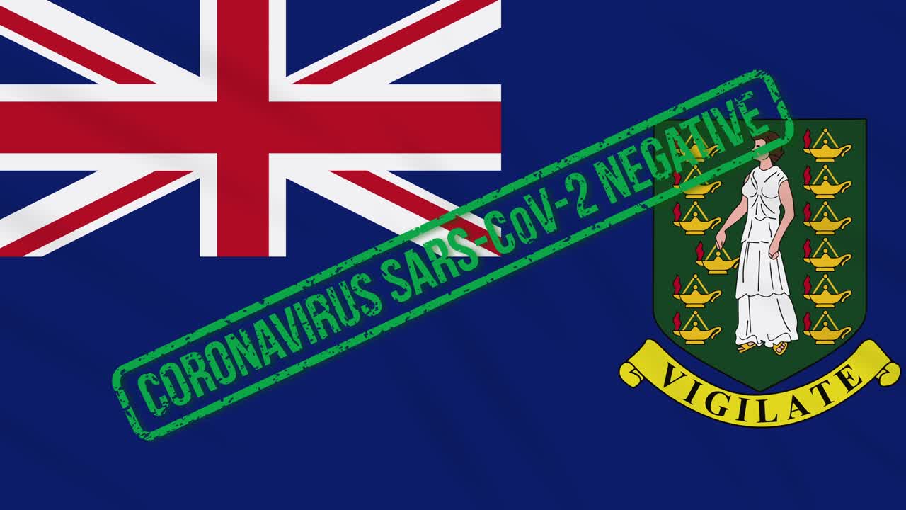 영국 버진 아일랜드는 코로나 바이러스로부터의 자유의 녹색 스프를 가진 발을 흔들고 있습니다.