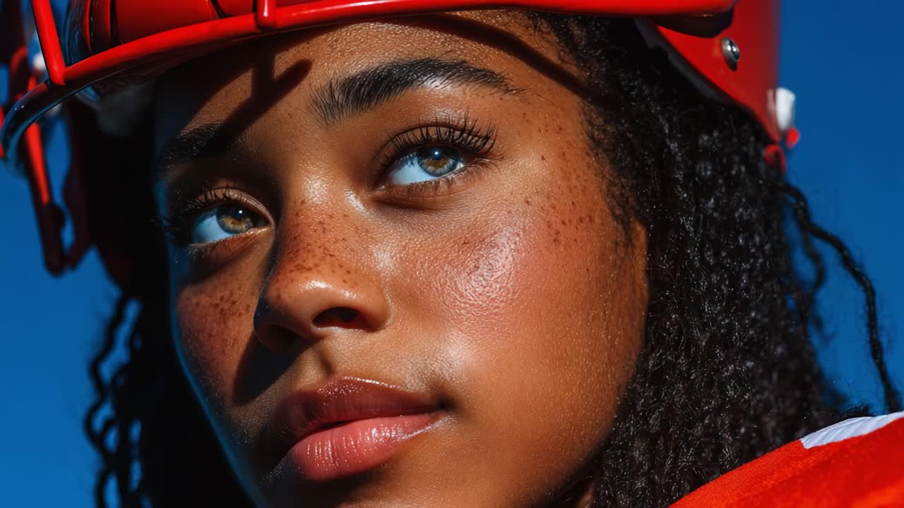 Close-Up Portrait of an Intense Young Female Athlete in a Red Football Helmet, Capturing Determination and Focus in the Bright Blue Sky