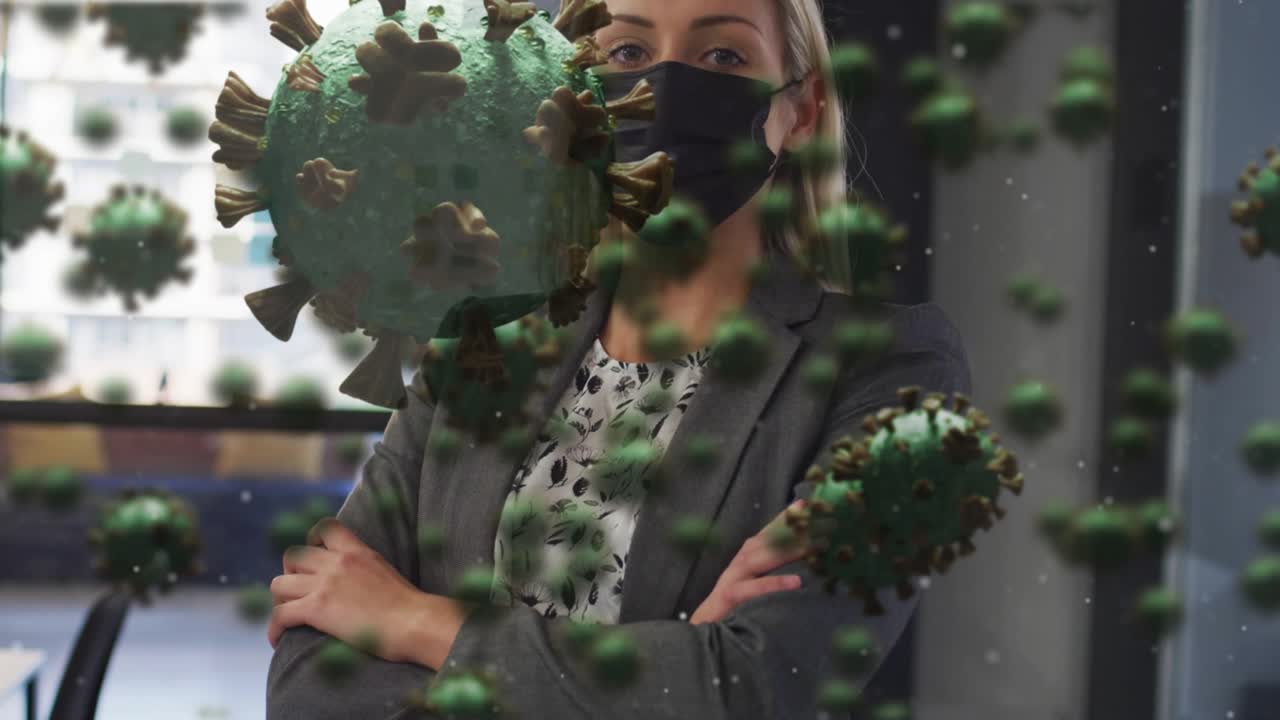 Office woman standing, health overlay approaching, green spiky spheres surrounding mask