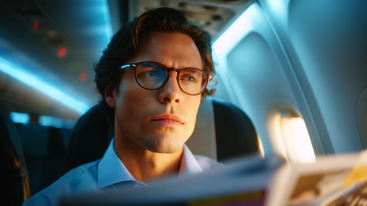 A Pensive Traveler Contemplating Life and Adventures While Enjoying His Journey on a Flight, Captured in Two Moments Displaying Focus and Introspection Amidst Airline Comfort