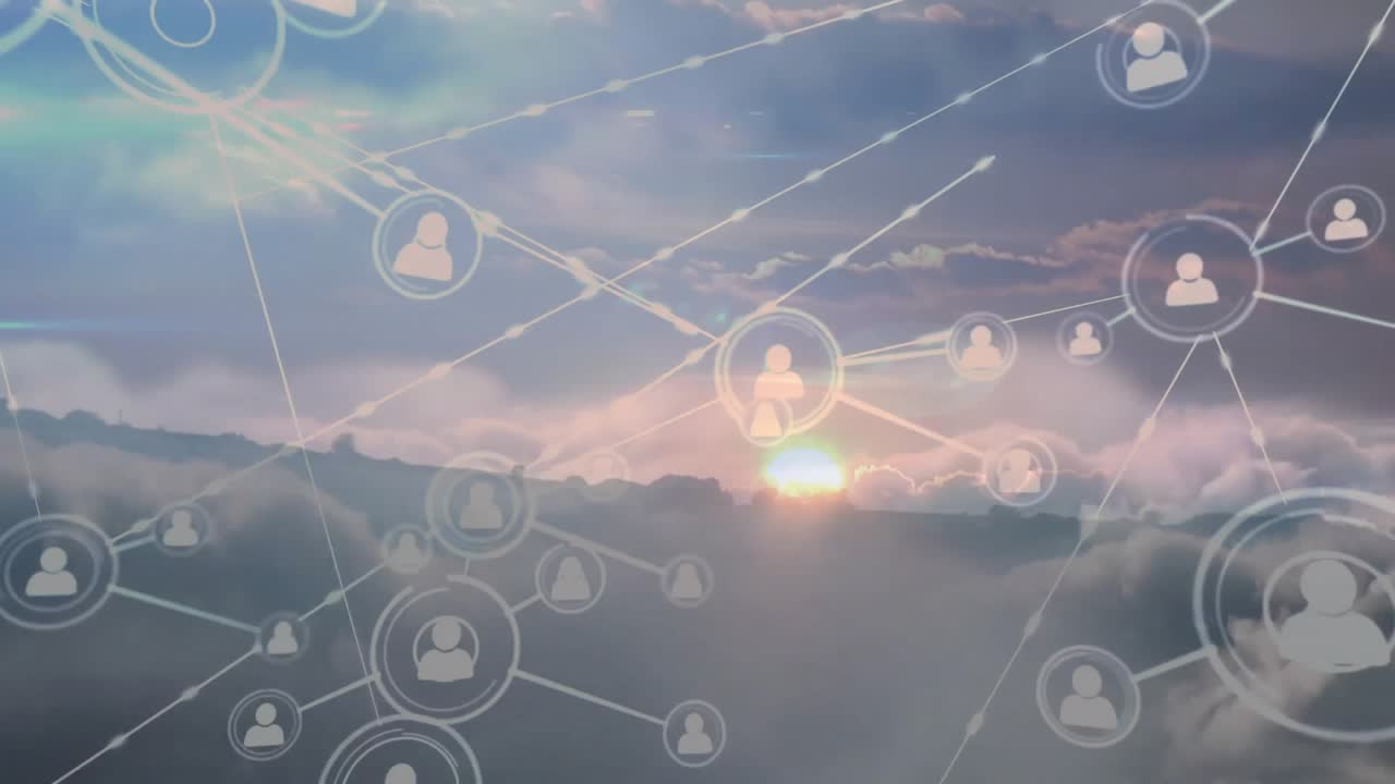 Sun peeking horizon creating circle extending lines to user nodes forming network above clouds