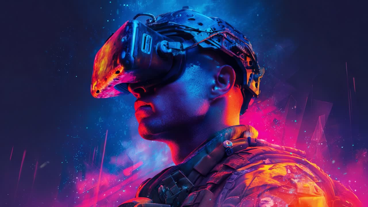 Soldato impegnato nella realtà virtuale immersiva: un'esplorazione futuristica della tecnologia che si fonde con l'addestramento militare attraverso una vivida visualizzazione colorata di arte digitale