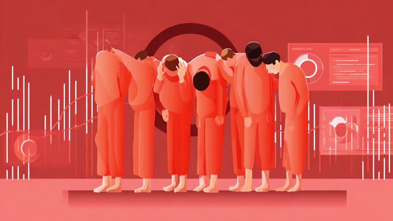 A group of individuals in red attire collectively bow their heads, reflecting a mood of introspection and connection, against a backdrop of abstract patterns and visual elements