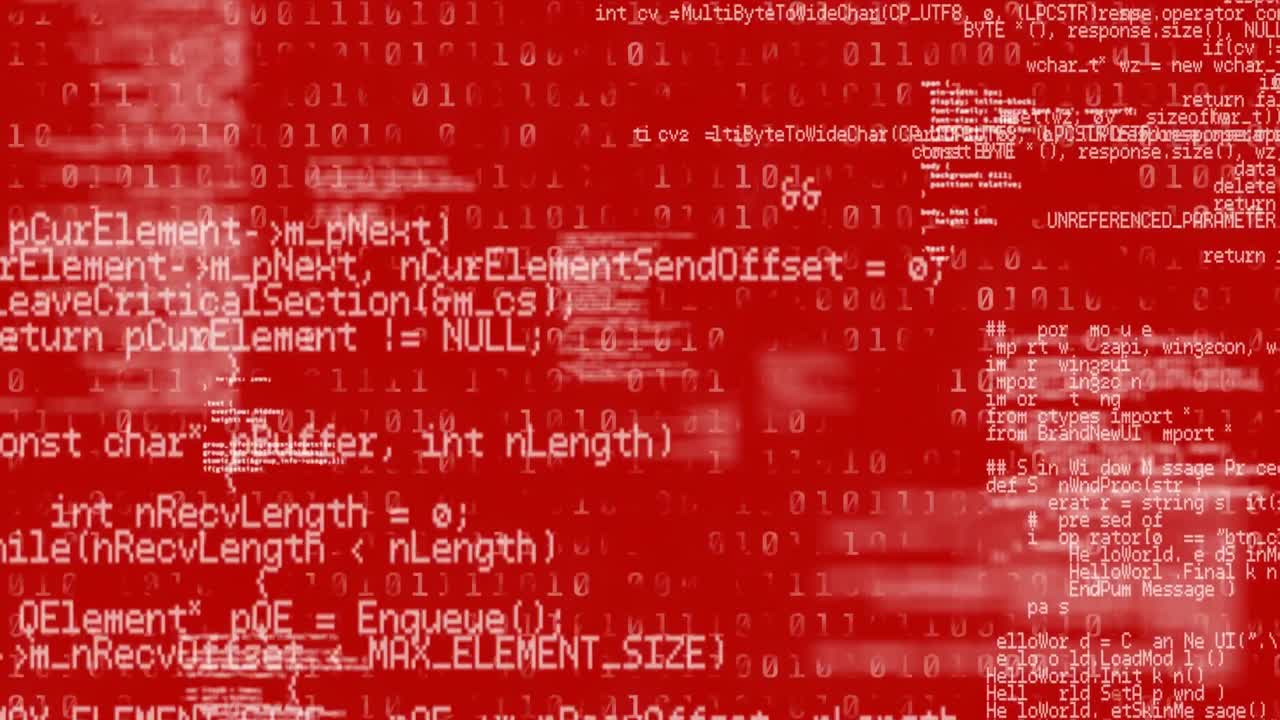 빨간색 배경 위의 데이터 처리 및 바이너리 코딩의 애니메이션