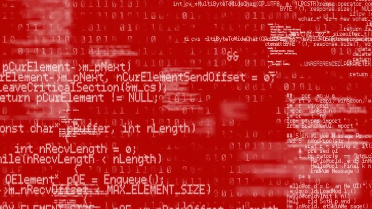 Animation of data processing and binary coding over red background