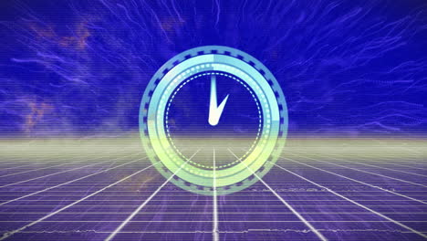 Animation-of-interference-and-moving-clock-over-light-trails-on-blue-background