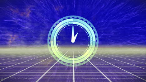 animación de interferencia y reloj en movimiento sobre rastros de luz sobre fondo azul