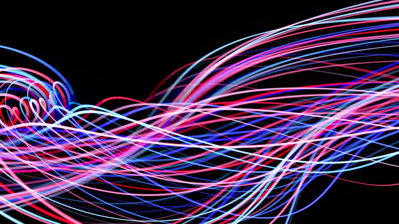4k에서 빛의 흐름: 빛의 흔적과 함께 추상적인 루프 된 배경, 공간에서 빨간 파란 네온 선의 흐름은 루프 된 나선형 모양을 형성하기 위해 움직입니다.