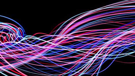 flusso di luce bg in 4k. sfondo a anello astratto con tracce di luce, flusso di linee di neon rosso-blu nello spazio si muove per formare forme a spirale a anello. sfondo di motion design moderno alla moda. effetto luce,