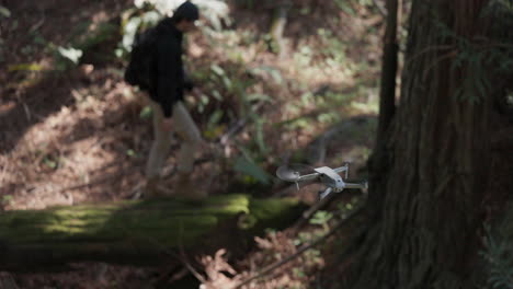 un dron filma a un hombre adulto caminando sobre un árbol caído en el bosque.