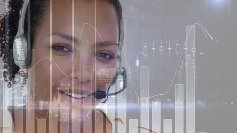 Animation-of-financial-and-statistic-data-processing-over-businesswoman-wearing-phone-headset