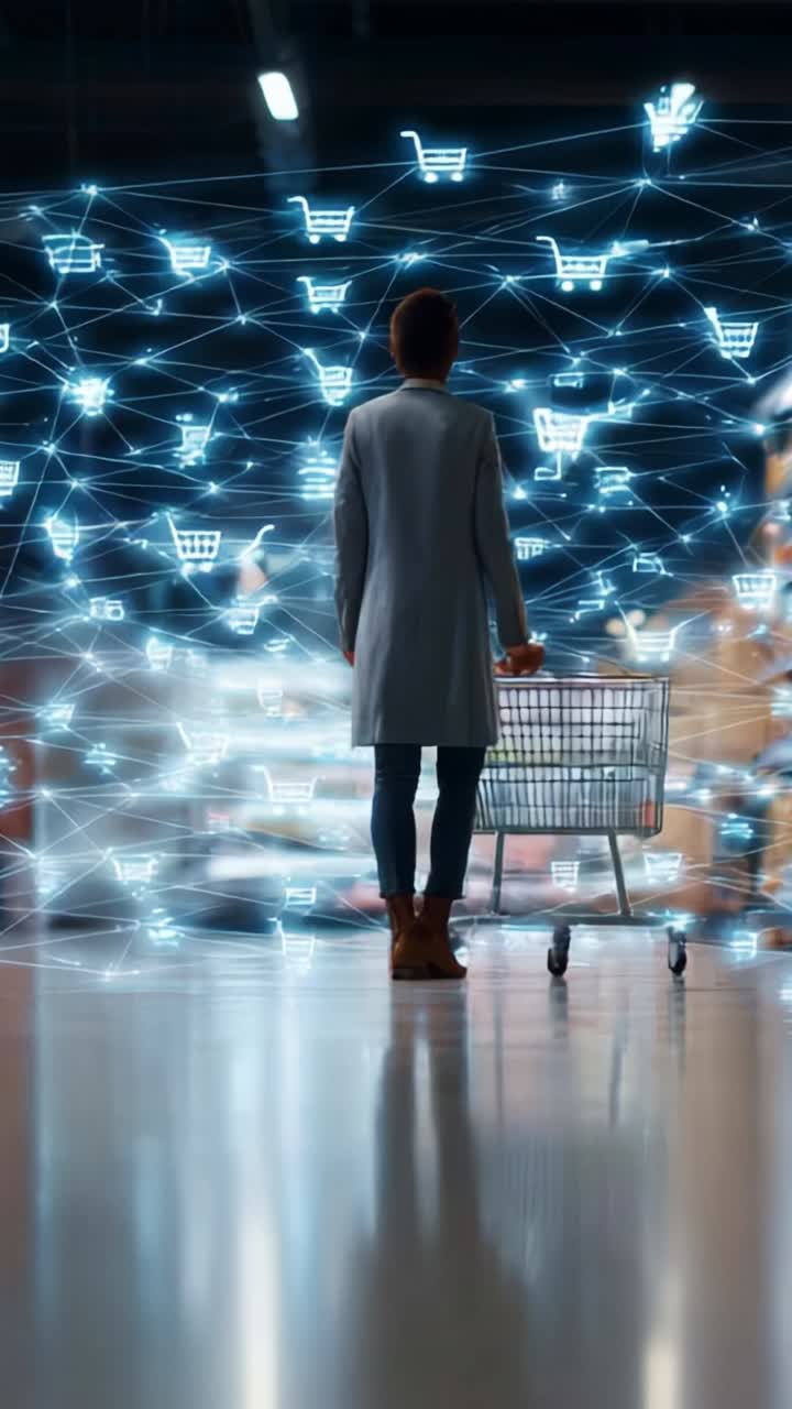 A futuristic shopper navigates a digital marketplace, surrounded by glowing shopping icons, symbolizing the integration of technology in retail experiences