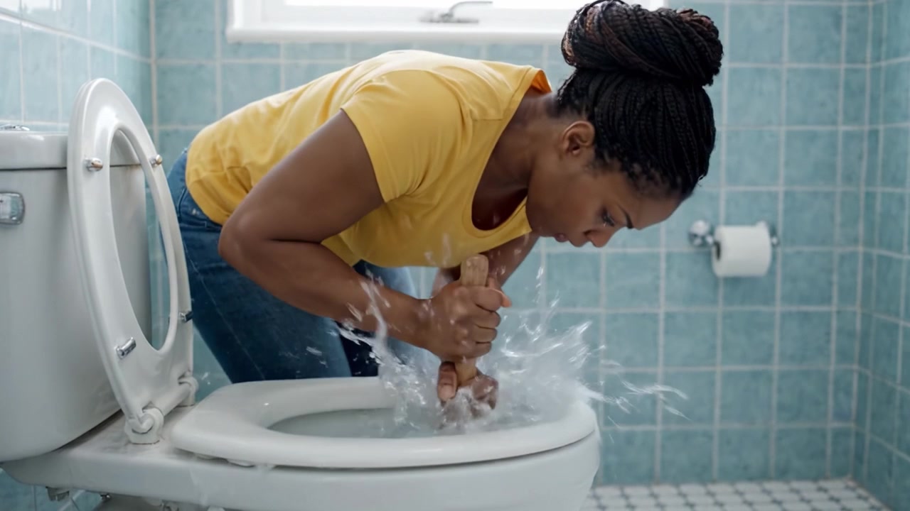 A Determined Individual Tackles a Clogged Toilet with a Plunger in a Brightly Colored Bathroom Setting, Demonstrating DIY Home Maintenance Skills Effectively