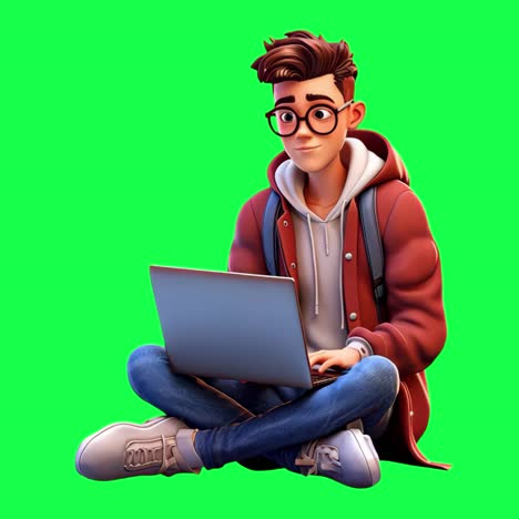animated student using laptop animation, transparent 4k video, green screen