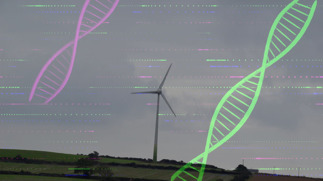 Wind turbine standing on rolling green hillside showing DNA helix and glitch lines in flat design
