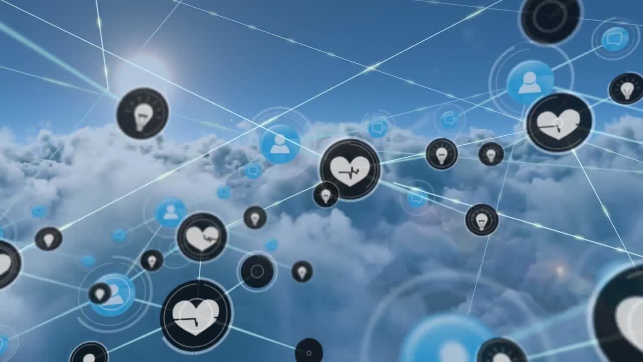 animación de la red de conexiones con iconos digitales sobre nubes