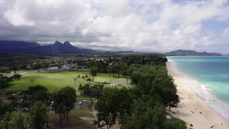 Drone-shot-of-the-Waimānalo-Beach-Park-near-Oahu's-teal-waters