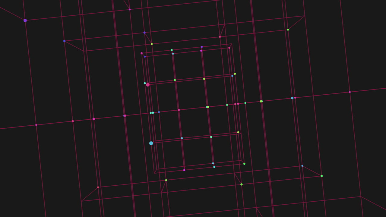 cubo de neón futurista con líneas y puntos en el espacio oscuro